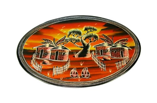 Tftc Red African Wildlife Plate Kenya Village Life Fair Trade Oval Handcrafted Stone