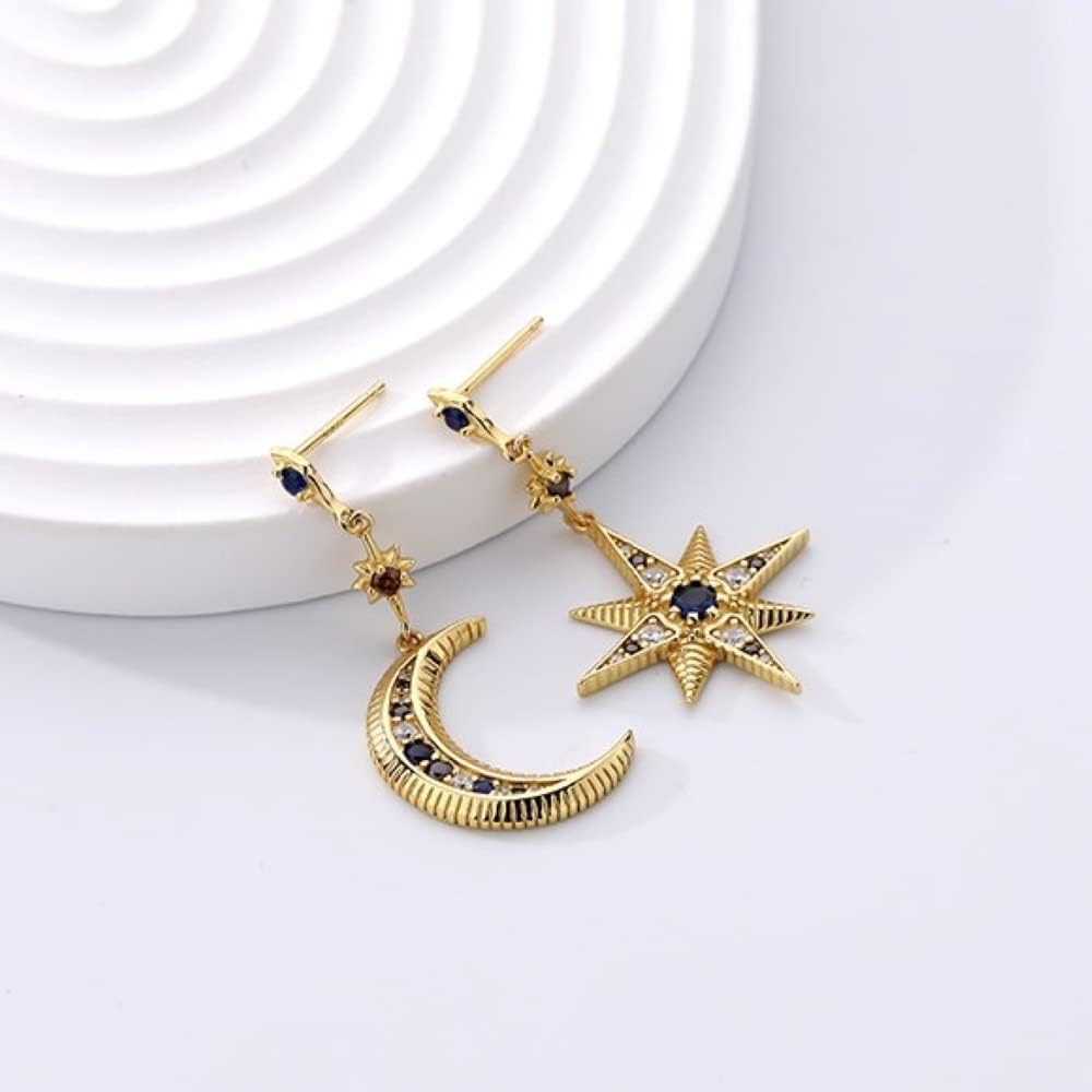 925 Sterling Silver Asymmetrical Earring Hypoallergenic Earrings for Women, Star Moon Fashion Jewelry Gold Silver Plated Bling Drop Earrings with 5A Cubic Zirconia
