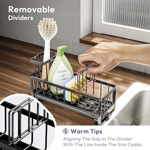 SWTYMIKI Kitchen Sink Caddy Organiser - Sink Tidy Organiser with Auto Draining Tray, Brush Holder, Stainless Steel Sponge Holder with Divider for Countertop Kitchen Storage & Organisation, Black - Image 4