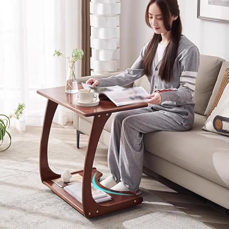 Tray Desk Cart,Rolling Couch Table,Wood C Shaped End Table Slide Under Couch,Wooden Sofa Table, C Shaped End Table for Couch, Side Coffee Tables for Living Room, Bedroom(Brown,Small)