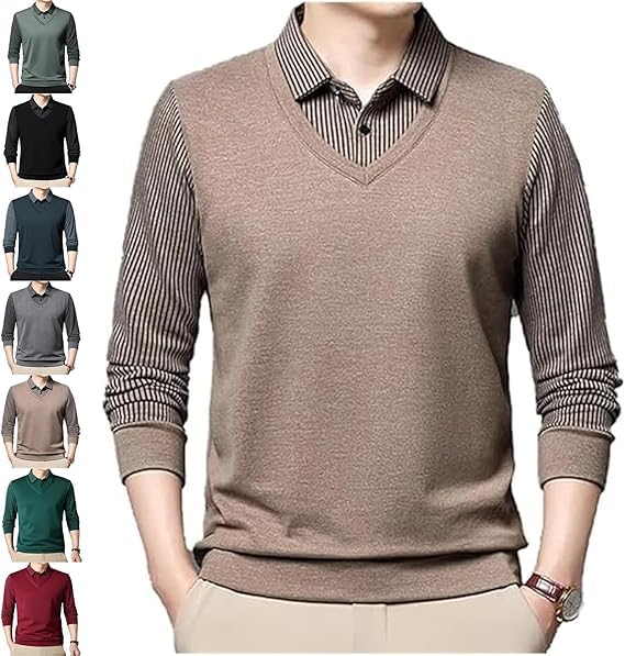Men's Striped Lapel Fake Two-Piece Shirt Long Sleeve Polo Shirts Spring Autumn Basic Business Casual Polo Tops
