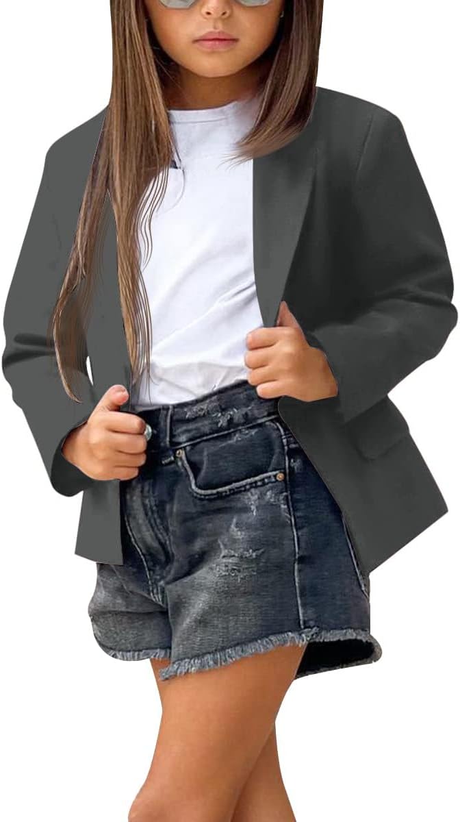 rrhss Girls Solid Color Lapel Suit Coat Button Down Long Seelve Blazer Jacket - Image 2