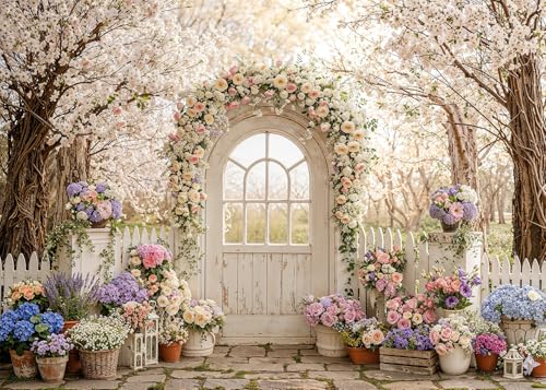 7X5ft Spring Floral Garden Backdrop for Photography Summer Garden Gate Backdrop Wedding Backdrops White Flower Arch Photography Background Bridal Shower Baby Shower Backdrops for Photo Studio Props