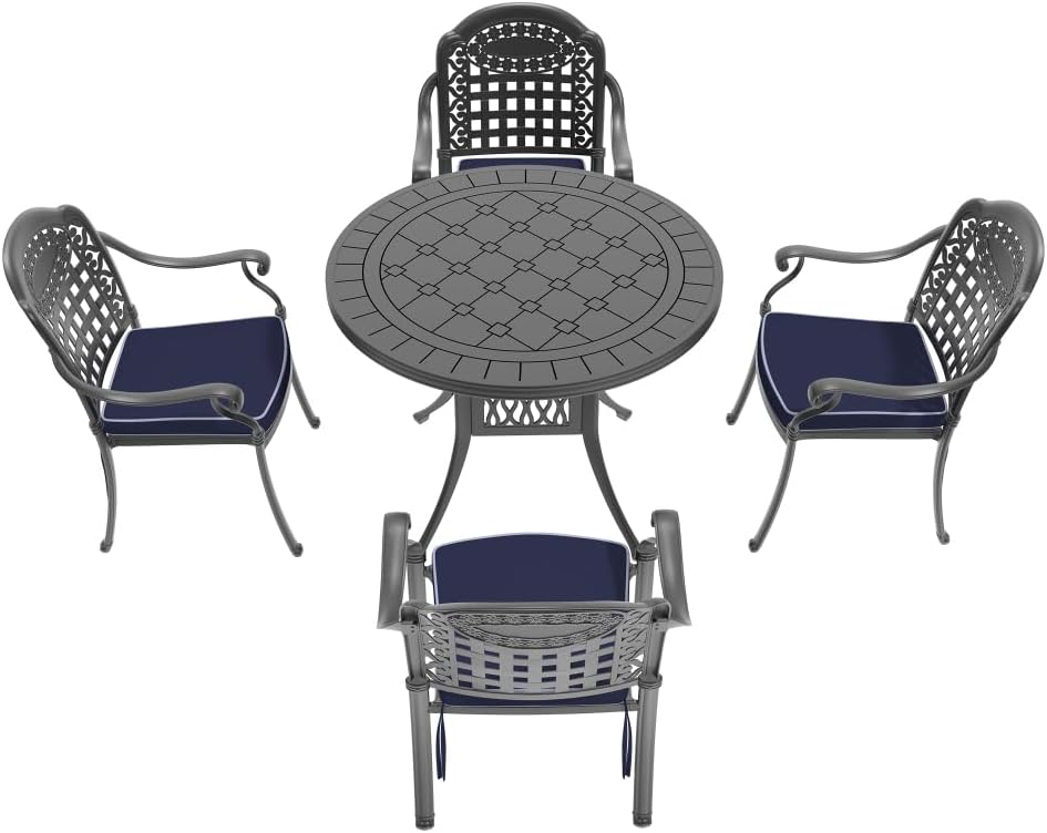 Cast Aluminum Patio Furniture Set with Black Frame and Blue Cushions for Outdoor Living Spaces
