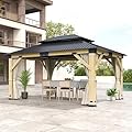 13x15 Solid Wood Gazebo, Outdoor Wooden Gazebo with Aluminum Double Roof, Curtain & Netting, Wood Frame Hardtop Gazebo for Garden, Patio, Deck, Backyard (13'x15' with Beige Curtain)
