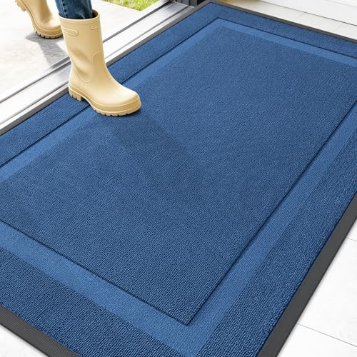 Image of OLANLY Front Door Mat Indoor Outdoor Entrance, Waterproof All-Season, All-Weather Doormat, Sturdy Natural Rubber, Low Profile, Easy Clean Patio Porch Entryway Mat, 47x32, Navy Blue