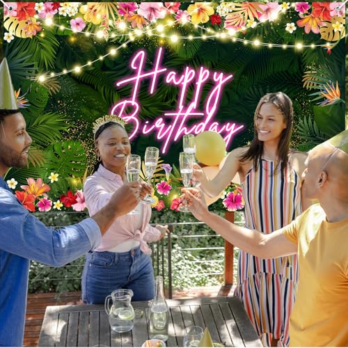 Image of Avezano Hawaiian Tropical Birthday Backdrop Tropical Palm Leaves Birthday Party Background Luau Happy Birthday Party Decorations Aloha Birthday Banner Party Banner (70.8 x 43.3 inches)