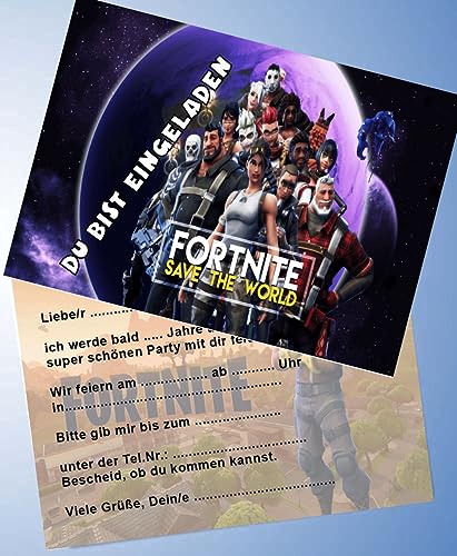 VSW 12 tarjetas de invitación y 12 sobres para fiestas de cumpleaños y cumpleaños infantiles Gamer Game Fort_nite n.º 109