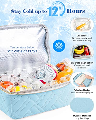 Glorieroo® Lunch Bag Women Men, Large Insulated Lunch Box Tote Cooler - Stylish Vegan Leather 2 Tier Lunch Bag With Adjustable Shoulder Strap For Adults Travel Work, Blue #TOP2