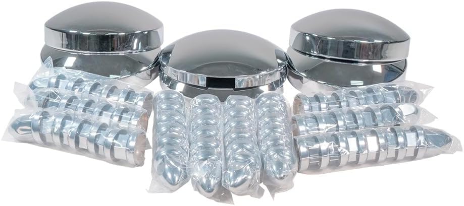 Mytee Products Steel Chrome Axle Wheel Cover Set - Includes (2) Front Hub Caps, (4) Rear Hub Caps, (60) Lug Nut Covers 33mm for Semi Truck | Axle Cover Combo Kit