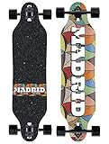 Longboard de Madrid Skateboards en colorido diseño de vista de colores. Diseñado por el monopatín Urgestein Jerry Madrid de Huntington Beach, California.