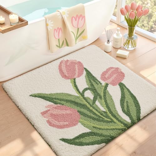 LUMI Bathroom Rugs Cute Tulip, Soft Absorbent Square Bath Mat Non-Slip, Machine Washable Quick Dry Beige Luxury Rug Flower for Kids Room, Bathtub, Home Decor, 32"x32"