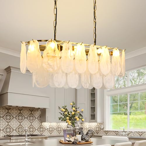 KELUOLY Gold Rectangle Chandeliers for Dining Room Modern Island Light Crystal Cloud Glass 8-Light Chandelier 2 Tier Rectangular Linear Pendant Hanging Ceiling Light Fixture for Kitchen L31.5” (E12) by KELUOLY - Used condition - US$179.99