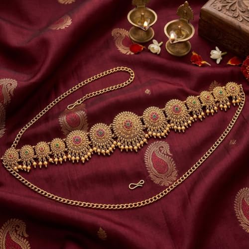 Image of VAMA FASHIONS Adjustable 18K Gold Plated Anti Tarnish Antique Vaddanam Kamarbandh Belly Chain Bridal Saree Waist Hip Belt Round Floral Ruby Green Stone Beads Drops South Indian Temple Jewelry for Women