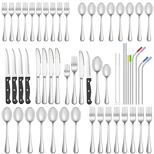 56 Pcs Silverware Set with Steak Knives and Metal Straw for 8,Stainless Steel Flatware Set, Mirror Polished Cutlery Utensil Set, Home Kitchen Eating Tableware Set,Fork Knife Spoon Set,Dishwasher Safe
