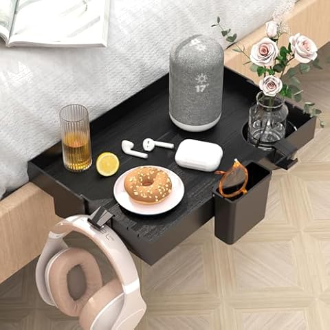Ronlap Folding Bedside Shelf, Bunk Bed Shelf Organizer for Top Bunk Clip On Nightstand for Loft Bed Plastic Bedside Shelf Tray for Kids with Cupholder Hooks Hanging Cup, Small Size, Black Cover