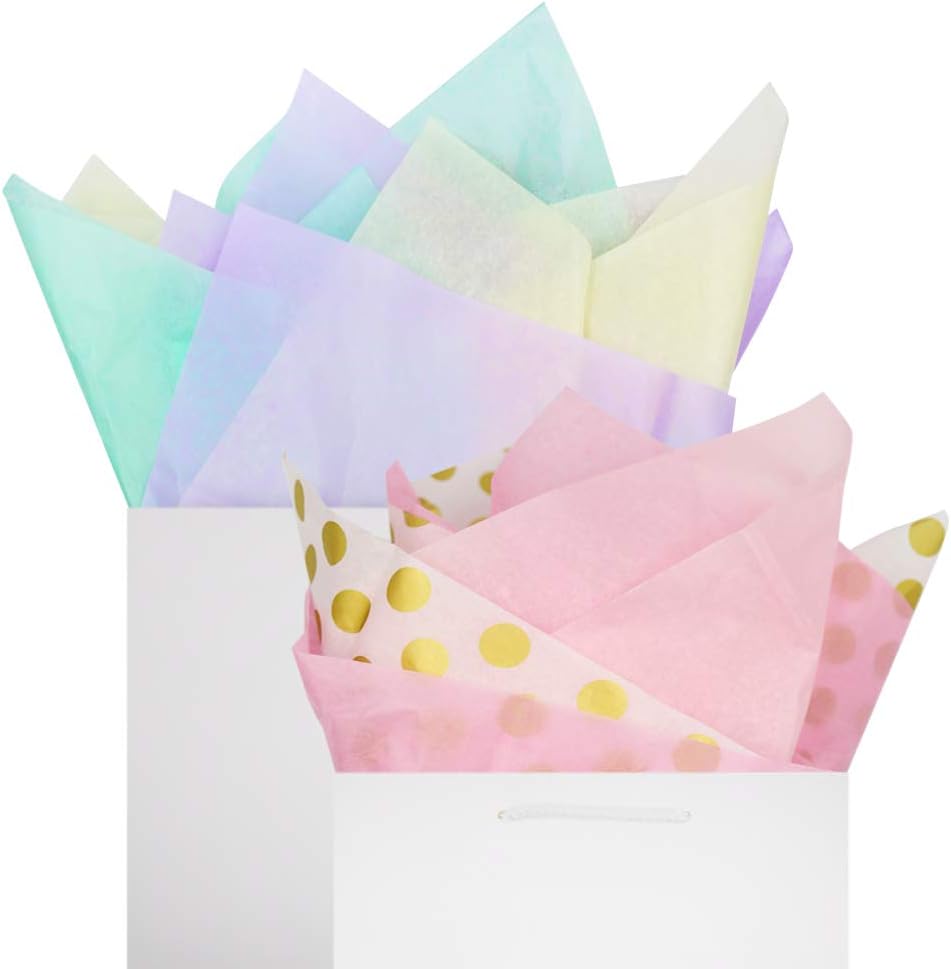 BllalaLab Tissue Gift Wrapping Paper 60 Sheets Metallic Gold Set Recyclable Bulk, 26” x 20”, for Art Craft Decoration, Birthday, Wedding, Baby Shower (Pastel Color & Gold Polka Dots)