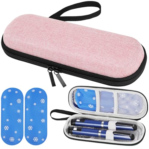 Fefod Estuche Insulina Bolsa, Nevera Insulina de Viaje con 2 Bolsas de Hielo Refrigerado TSA, Portátil Estuche Medicamentos para Diabetes con Mosquetón para Viajes Largos y Diarios (Rosa)