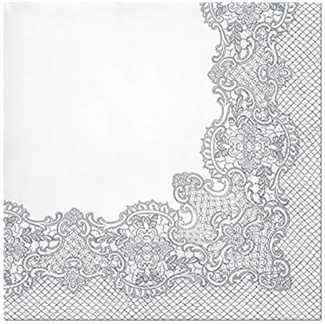 Quality 3-Ply White and Silver Wedding Celebration Paper Napkins Serviettes 33cm x 33cm (Pack of 20) (Royal Lace Silver)