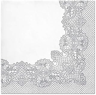 Quality 3-Ply White and Silver Wedding Celebration Paper Napkins Serviettes 33cm x 33cm (Pack of 20) (Royal Lace Silver)