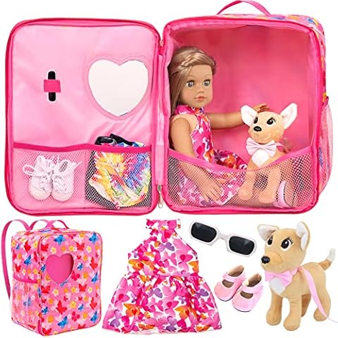 ZITA ELEMENT 18 Inch Girl Doll Butterfly Design Carrier Bag with Clothes and Accessories Including 18 Inch Doll Clothes, Shoes, Sunglasses, Doll Backpack and Toy Dog Cover