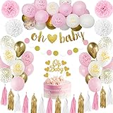 Baby Shower Decoration Girl, Babyparty Deko Mädchen,Rosa Weiß Baby Shower Dekoration,Baby Party Deko Neutral mit Oh Baby Banner,Rosa Luftballons Girlande für Baby Shower