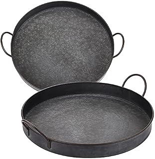 BSTKEY Set of 2 Round Decorative Serving Tray Metal Iron Tray with Handles,Industrial Farmhouse Style Serving Tray Tin,30CM+25CM