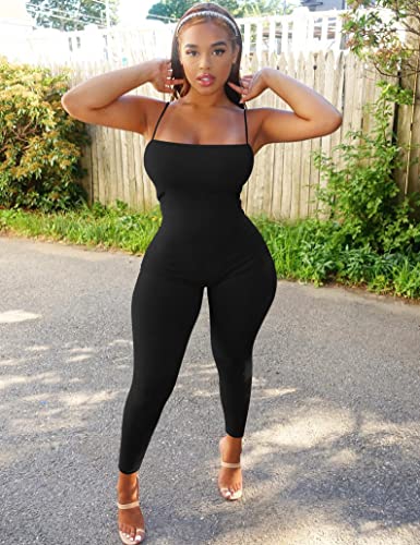 Mizoci Women's Sexy One Piece Bodycon Spaghetti Strap Sleeveless Jumpsuit Romper,Large,Black #TOP3