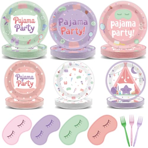 96 Pieces Pajama Slumber Paper Plates Napkins Spa Party Decorations Girls Sleepover Birthday Tableware Pajama Party Supplies Makeup Dinnerware Sets for Girl’s Birthday Baby Shower Serves 24 Guests