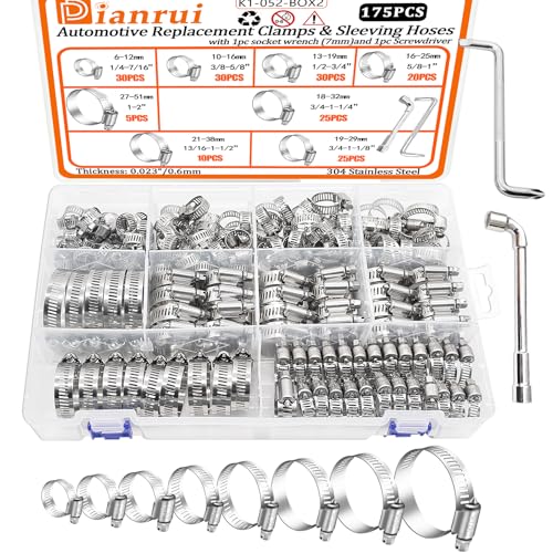 Dianrui Stainless Steel Hose Clamp Assortment Kit (6-51mm) 175 pcs