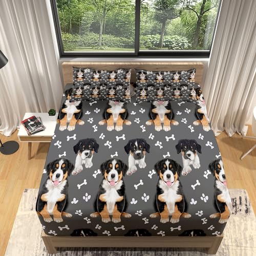 Sabana Bajera Ajustable 200x200x30cm Elástico en el Borde Bolsillo de 30cm Mascota Perro de MontañA de Berna Sabana Ajustable Tacto Suave Transpirable Cepillada y 2 Funda de Almohada 50x75, Animal