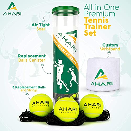 Ahari Unlimited Premium Tennis Trainer Set, Pro Tennis Rebounder with Metal Base in a Carrying Cylinder, 3 Replacement Rebound Balls, & Wristband, Portable Tennis Practice Equipment for Solo Training. - Image 3