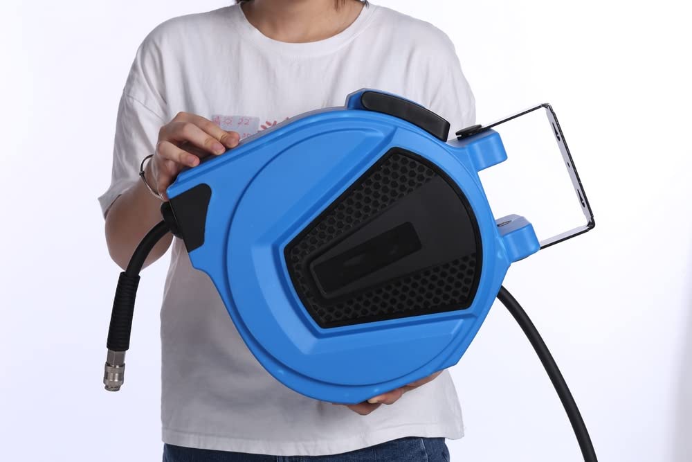 Avvolgitubo per aria compressa da 15 m, attacco da 1/4", avvolgitubo ibrido, scatola per tubo flessibile da parete, 180°, avvolgitubo ad aria compressa, max. 20 bar, retrattile automatico, blu