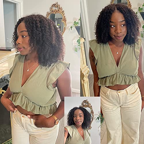 Kiqibeauty V Part Wig Human Hair Kinky Curly Wig Upgrade U Part Wigs Human Hair Wigs Thin Part Glueless Clip In Half Wig 200% Density Natural Color 16 Inch #TOP3