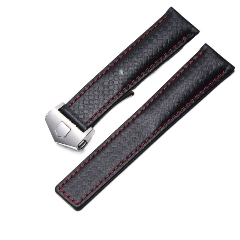 Bracelet montre cuir carbone 20mm anti usure avec boucle pliante fil rouge