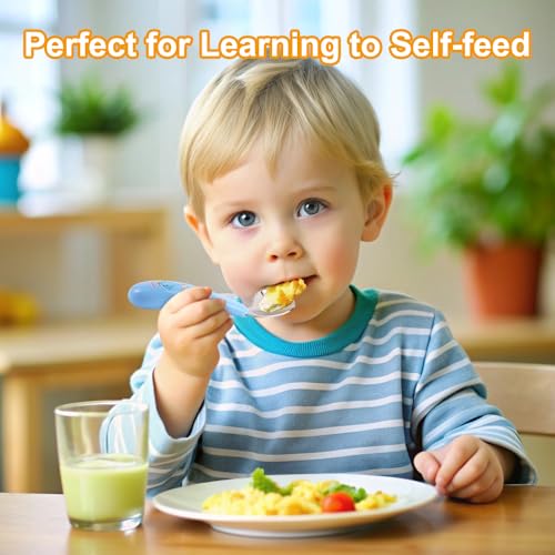 Besteck Baby Set, 4 Stück Esslernbesteck ab 1 Jahr, Gebogener Griff Training Löffel Edelstahl, Baby Löffel Gabel mit Rutschfesten Griffen, Lernlöffel Baby mit Niedlichem Elefanten-Muster, BPA-Frei