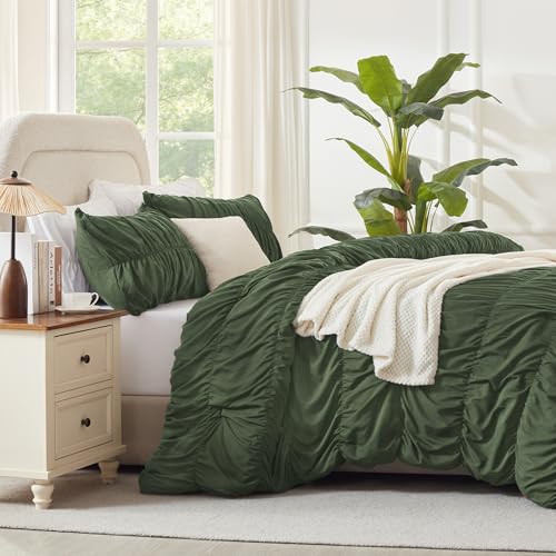 Image of Andency Olive Ruched Comforter Set Queen Size, Shabby Chic Pleated Bedding Sets 3 Pieces, Lightweight Soft Boho Ruffle Bed Set for Girls, Kids, Women, All Season
