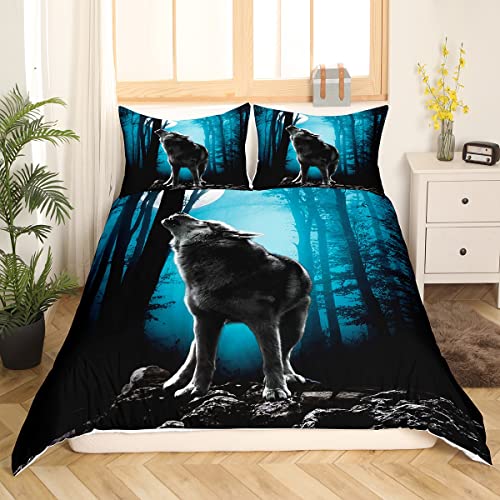 Feelyou Boys Bedding Set Wolf Print Comforter Cover King Size For Kids Man Girls, Animal Print Duvet Cover Wildlife Pattern Bedspread Cover With 2 Pillow Shams, Tree Moon Howling Wolf Decor Bedding #TOP2