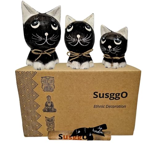SusggO Set de 3 Gatos de Madera. Hechos a Mano Artesania Figuras Gatos Decorativos Decoracion Tallado a Mano Gato de la Suerte Adorno Mueble (Negro Detalles Blancos Negro GNB)