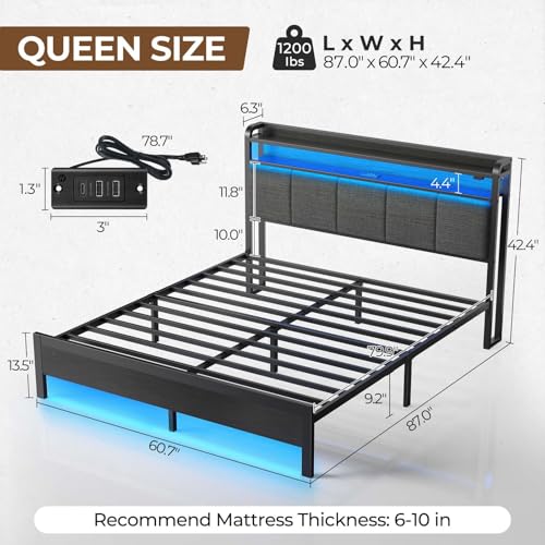 Rolanstar Queen Bed Frame with LED Lights, Upholstered Headboard, Charging Station, Storage Shelves, Heavy Duty Metal Slats, No Box Spring Needed, Noise Free, Easy Assembly, Dark Grey by Rolanstar - Image 3