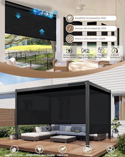 Image of Kincmo Motorized Outdoor Shades for Patio Porch, Custom Outdoor Motorized Blinds with Remote, Waterproof & Windproof Patio Shades Work with Apple Home,Alexa,Google (Black-1% Openness)