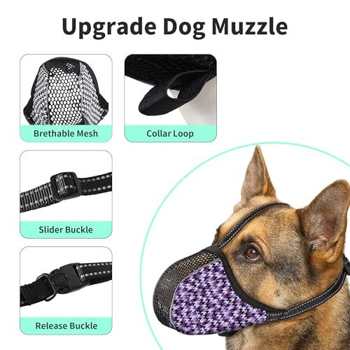 Image of Dog Muzzle Medium Sized Dogs Anti Bite Bark Soft Air Mesh Muzzles Reflective Ajustable Full Coverage Dog Mouth Guard Cover for Grooming Scavenging Purple M