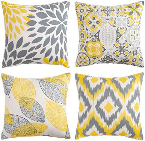 Cushion Covers Throw Pillows Covers Throw Pillow Case Decorative Pillows Square Farmhouse 45cm x 45cm Soft Short Plush Yellow Grey Flower for Couch Bedroom Sofa Living Room 4 Pack
