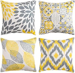 Cushion Covers Throw Pillows Covers Throw Pillow Case Decorative Pillows Square Farmhouse 45cm x 45cm Soft Short Plush Yellow Grey Flower for Couch Bedroom Sofa Living Room 4 Pack