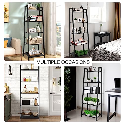 ECOMEX 5-Tier Ladder Shelf Industrial Style Shelf, Ladder Shelf Open Storage Rack Wood Ladder Shelf with Metal Frame, Freestanding Ladder Shelves for Home Office, Bedroom (Black) - Thumbnail 7
