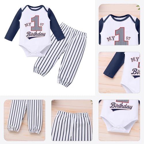IMEKIS Baby Boy Baseball 1st Birthday Outfit Long Sleeve Romper Pants Cake Smash Photoshoot Clothes Set4