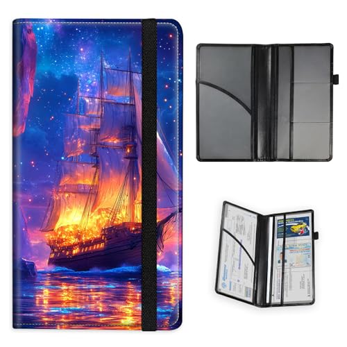 FXIANGWL Ghost Sailing Ship Car Registration and Insurance Holder, RFID Blocking PU Leather Vehicle Document Organizer, Cute Car Accessories, Slim Glove Box Wallet Gift for New Drivers