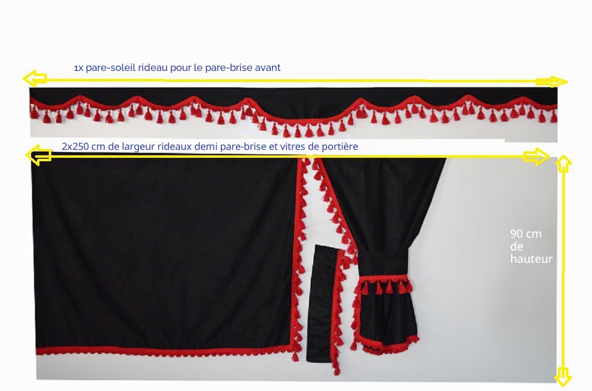 Generic Ensemble complet de rideaux de camion noirs avec franges rouges, adaptés uniquement pour DAF SUPER SPACE-CAB et SCANIA TOPLINE [cabines hautes]