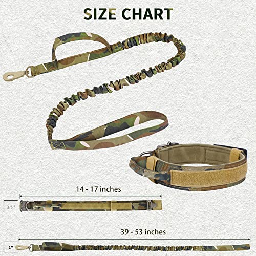 Tactical Dog Collar And Bungee Leash, Camo Military Dog Collar & Leash Set With Usa American Flag Adjustable K9 Collar With Heavy Duty Metal Buckle & Handle,With Patches And Airtags Case (M, Camo) #TOP3