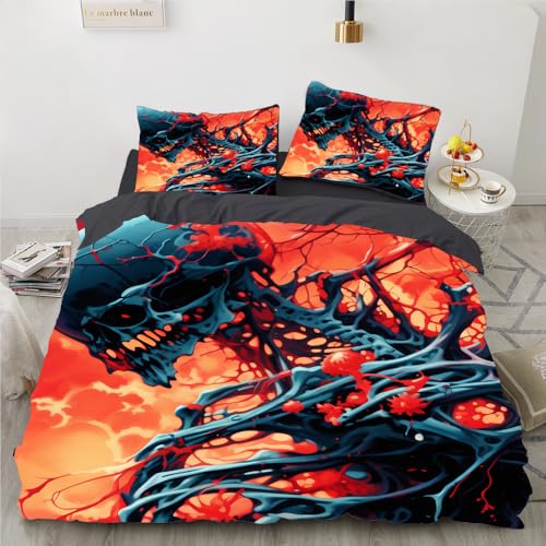 Bettdecke 135x200 Orange Red Skull Bettbezug 135 x 200 Mikrofaser Atmungsaktiv Bettdecke Hypoallergen Steppdecke 135x200,Bettdecken mit Reißverschluss+2 Kissenbezug 80x80